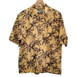 Joe Kealoha by Reyn Spooner Yellow Palm Tree Tropical Hawaiian Shirt Size Large